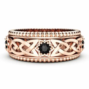 Black Diamonds Wedding Ring 14K Rose Gold Ring Celtic Wedding Band