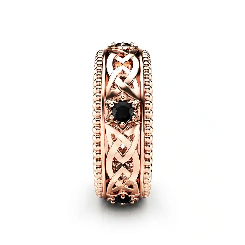 Black Diamonds Wedding Ring 14K Rose Gold Ring Celtic Wedding Band