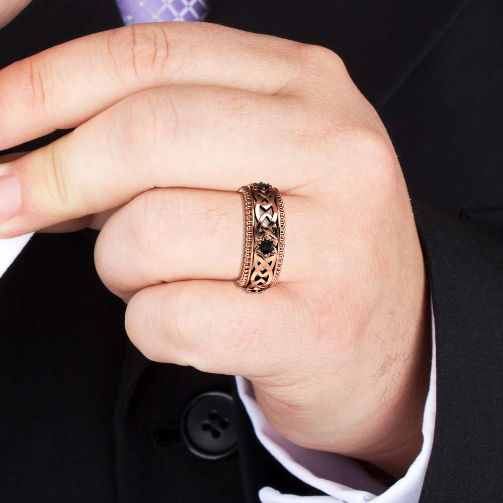 Black Diamonds Wedding Ring 14K Rose Gold Ring Celtic Wedding Band 5 Black Diamonds Wedding Ring 14K Rose Gold Ring Celtic Wedding Band