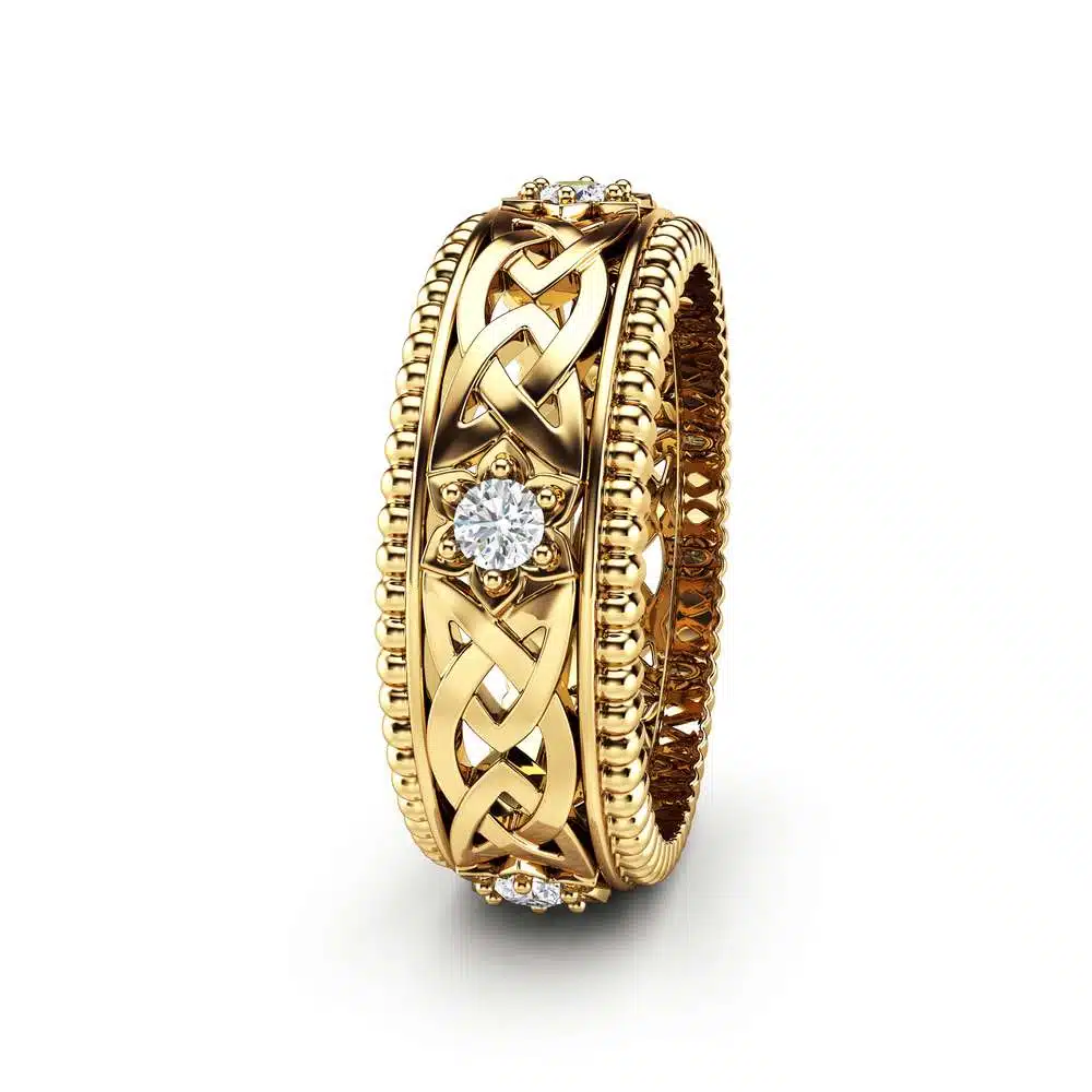 MB-0011 Diamond Wedding Ring 14K Yellow Gold Ring Celtic Wedding Band 2 Diamond Wedding Ring 14K Yellow Gold Ring Celtic Wedding Band