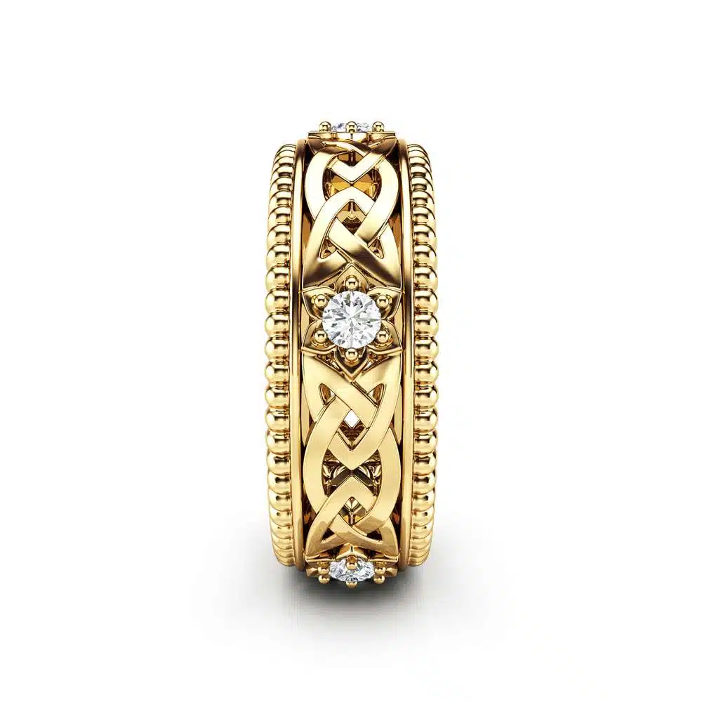 MB-0011 Diamond Wedding Ring 14K Yellow Gold Ring Celtic Wedding Band 3 Diamond Wedding Ring 14K Yellow Gold Ring Celtic Wedding Band