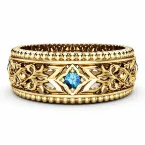 Blue Diamond Wedding Ring 14K Yellow Gold Ring Unique Wedding Band