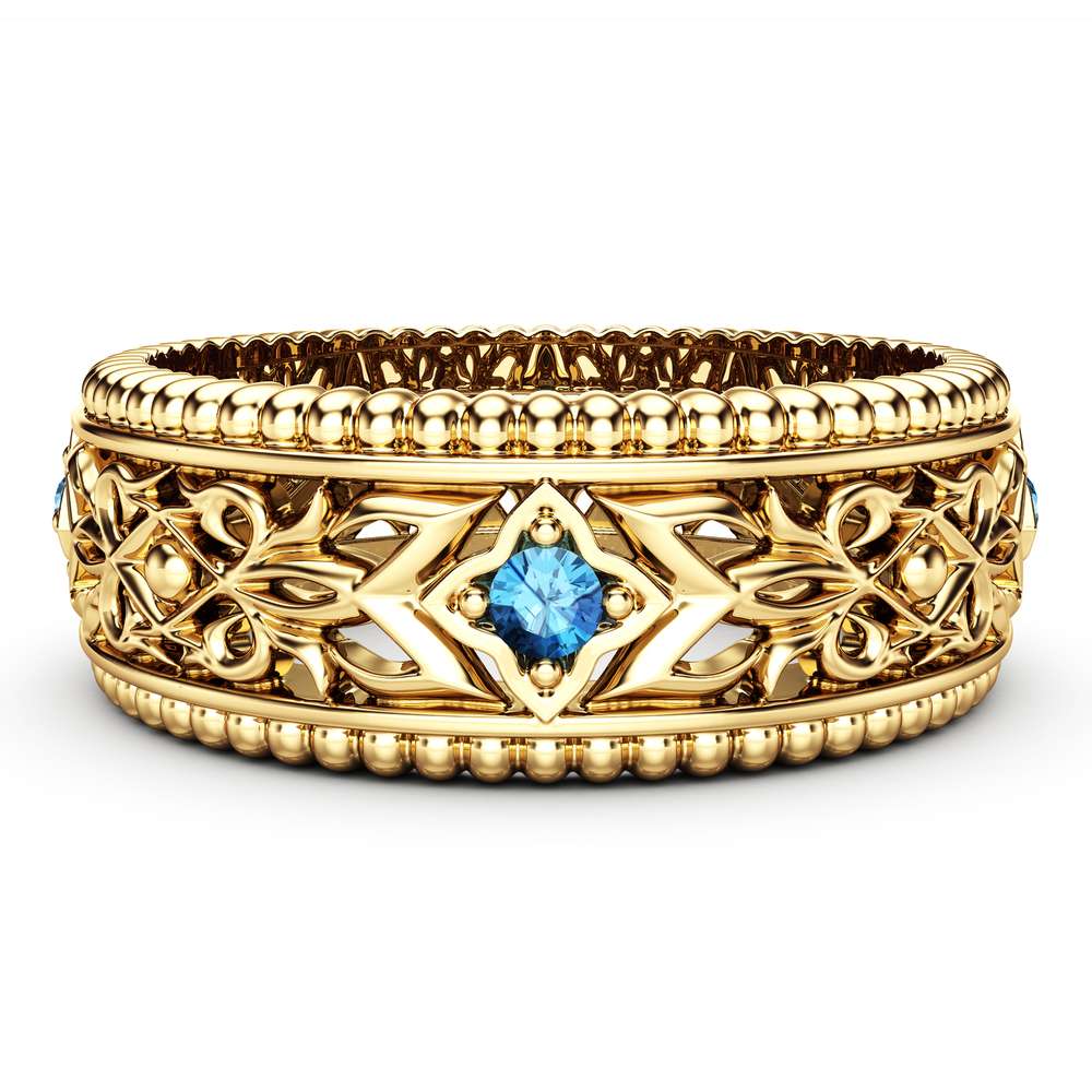 Blue Diamond Wedding Ring 14K Yellow Gold Ring Unique Wedding Band
