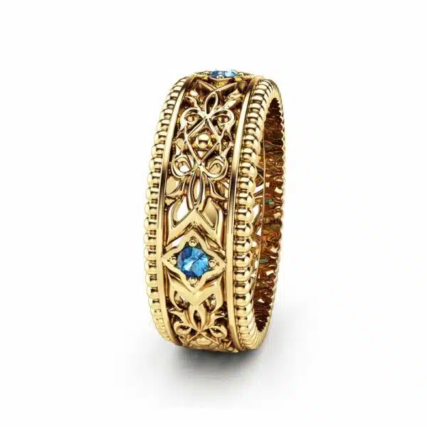 14K Gold Ring Unique Blue Diamond Wedding Ring - Camellia Jewelry