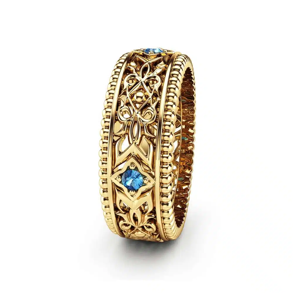 Blue Diamond Wedding Ring 14K Yellow Gold Ring Unique Wedding Band