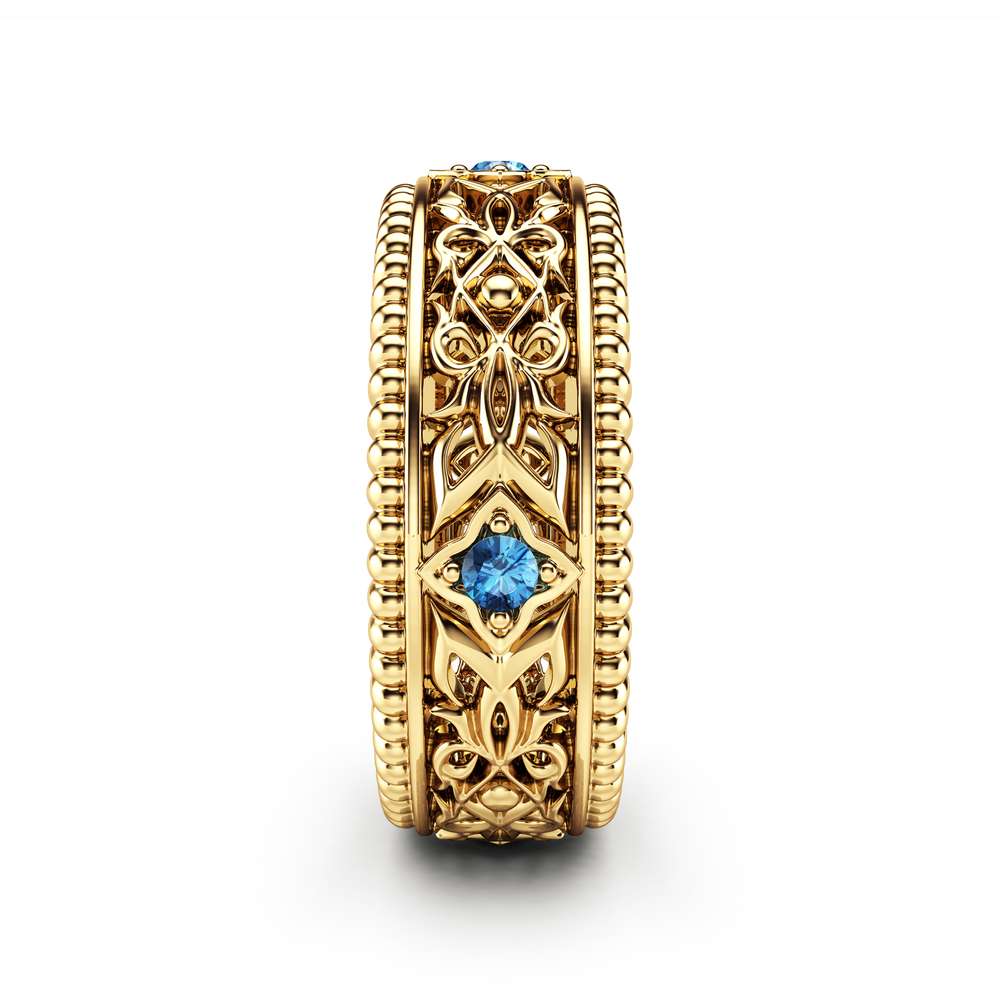 Blue Diamond Wedding Ring 14K Yellow Gold Ring Unique Wedding Band 3 Blue Diamond Wedding Ring 14K Yellow Gold Ring Unique Wedding Band