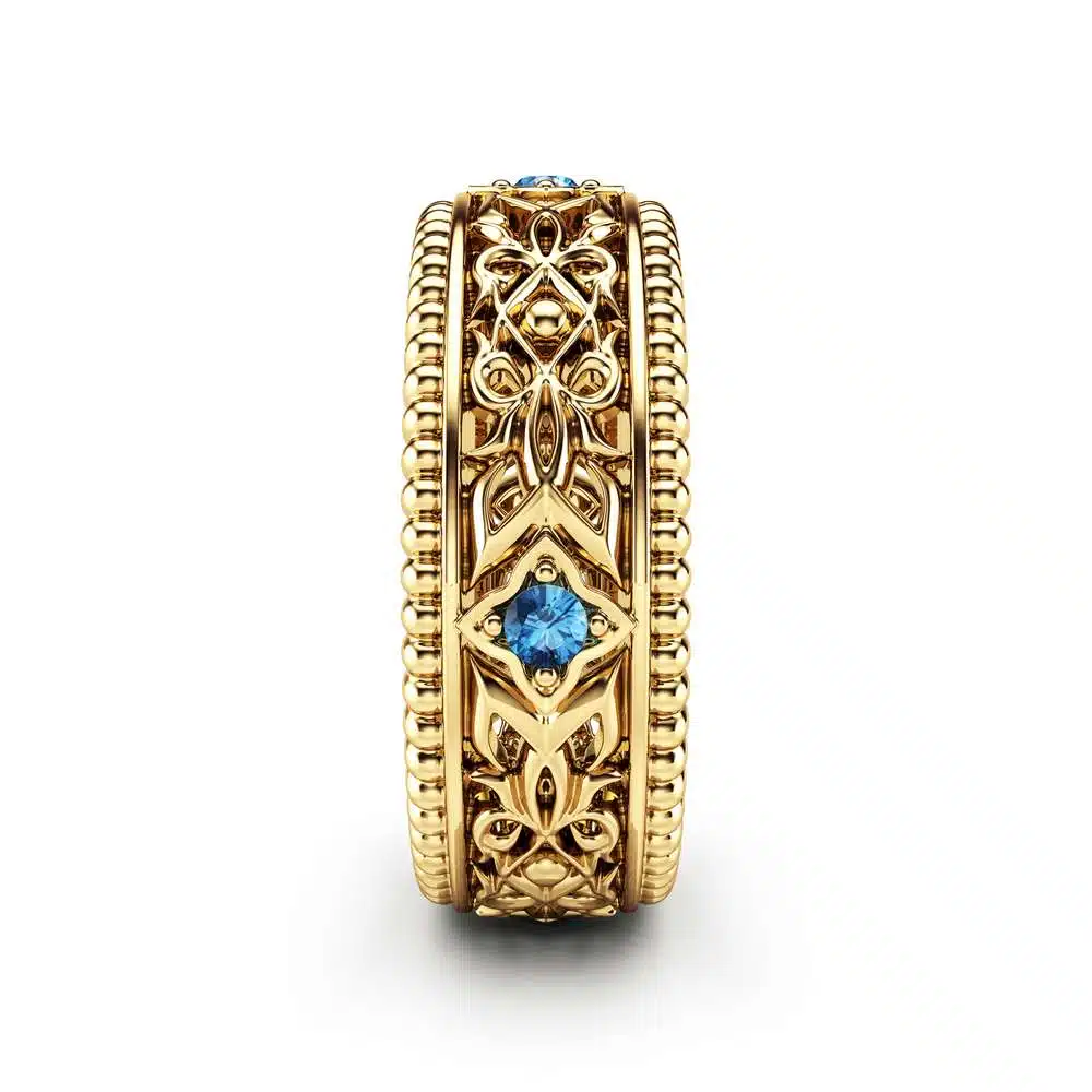 Blue Diamond Wedding Ring 14K Yellow Gold Ring Unique Wedding Band