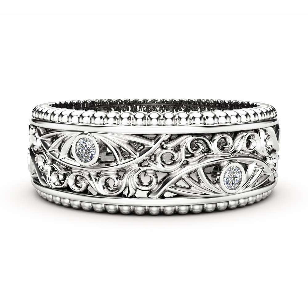 Diamond Wedding Ring 14K White Gold Ring Art Deco Wedding Band for Men