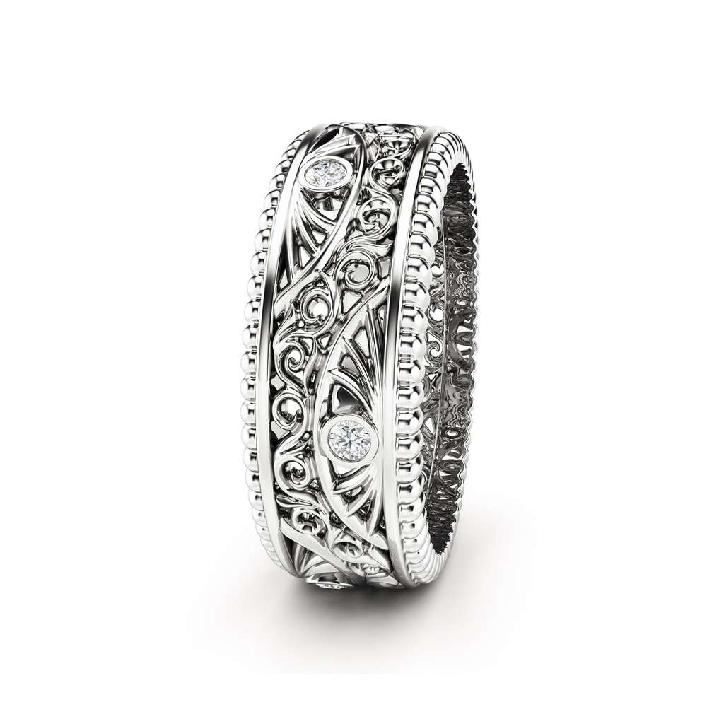 Diamond Wedding Ring 14K White Gold Ring Art Deco Wedding Band for Men