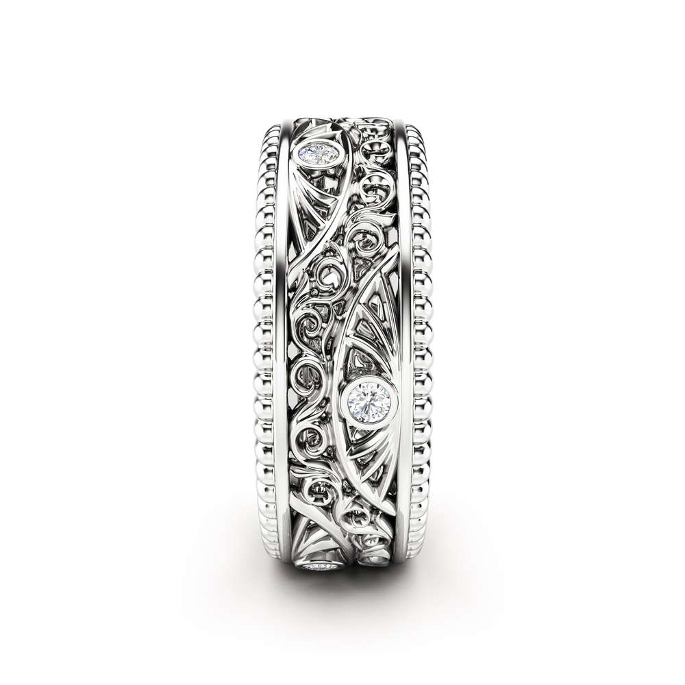Diamond Wedding Ring 14K White Gold Ring Art Deco Wedding Band for Men