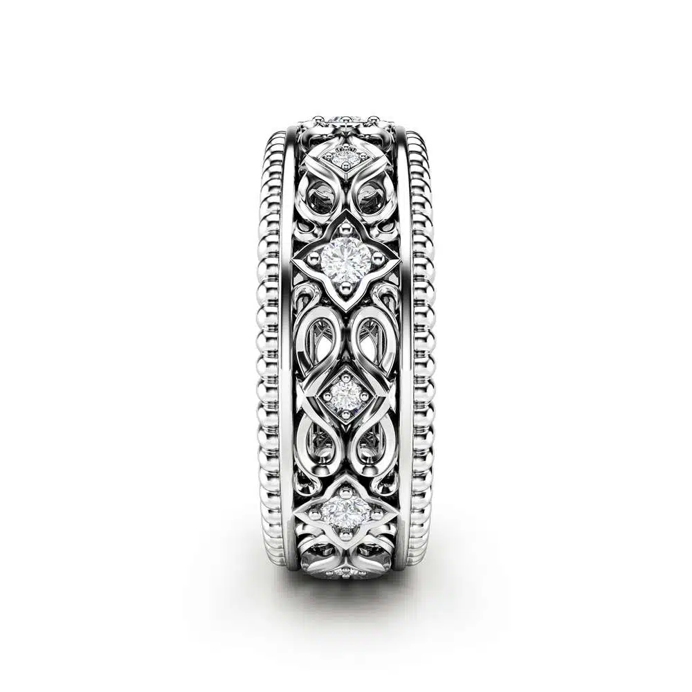 Diamond Wedding Ring 14K White Gold Ring Art Deco Wedding Band