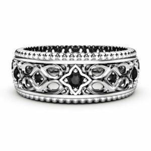 Black Diamond Wedding Ring 14K Yellow Gold Ring Art Deco Wedding Band