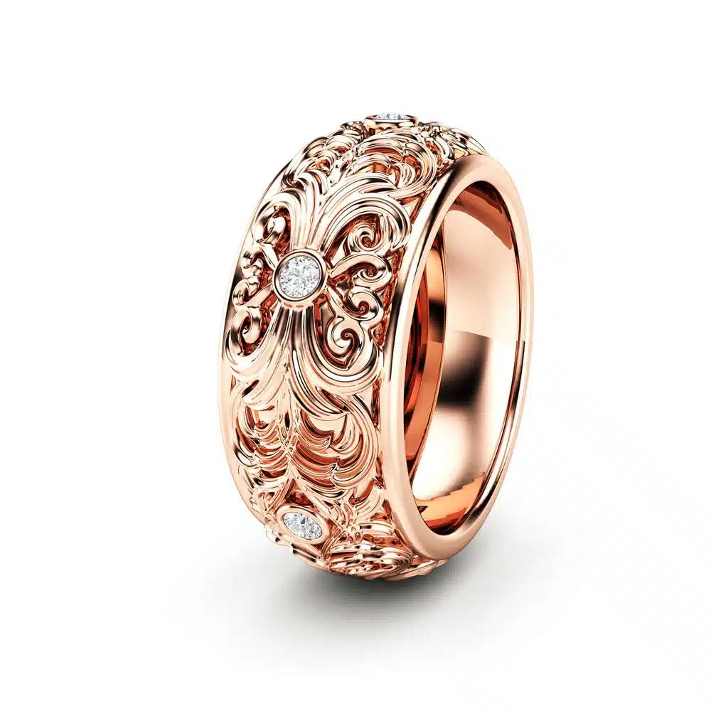 Diamond Wedding Ring Rose Gold Wedding Band Filigree Wedding Band