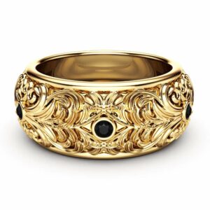 Black Diamond Wedding Band Gold Wedding Band Filigree Wedding Band