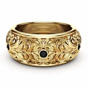 Black Diamond Wedding Band Gold Wedding Band Filigree Wedding Band