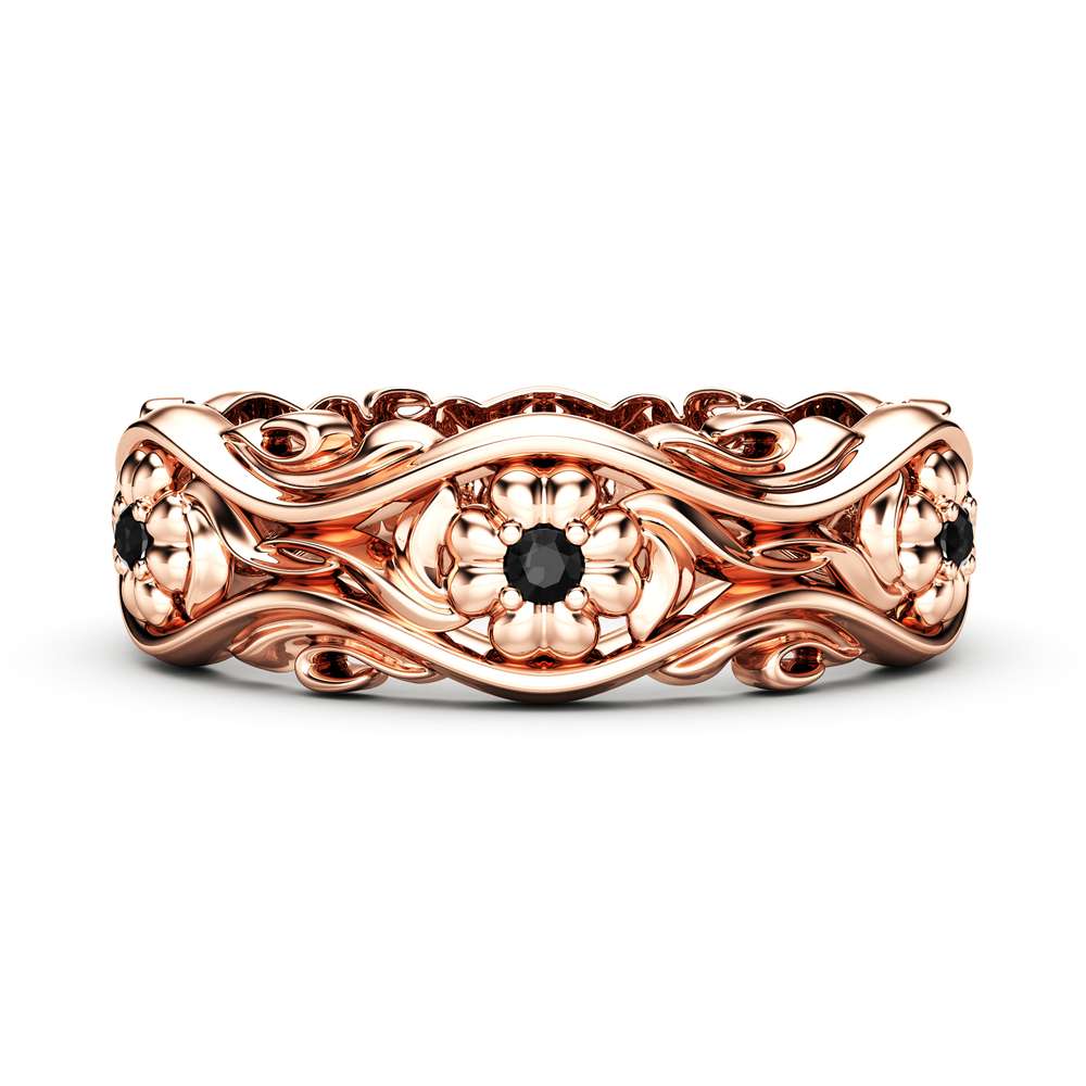 Rose Gold Wedding Band Women Wedding Band Black Diamond Wedding Band