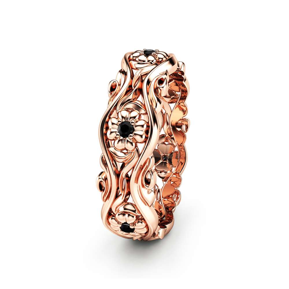Rose Gold Wedding Band Women Wedding Band Black Diamond Wedding Band