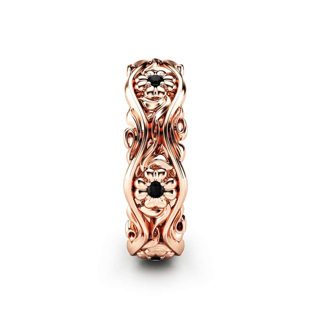 Rose Gold Wedding Band Women Wedding Band Black Diamond Wedding Band