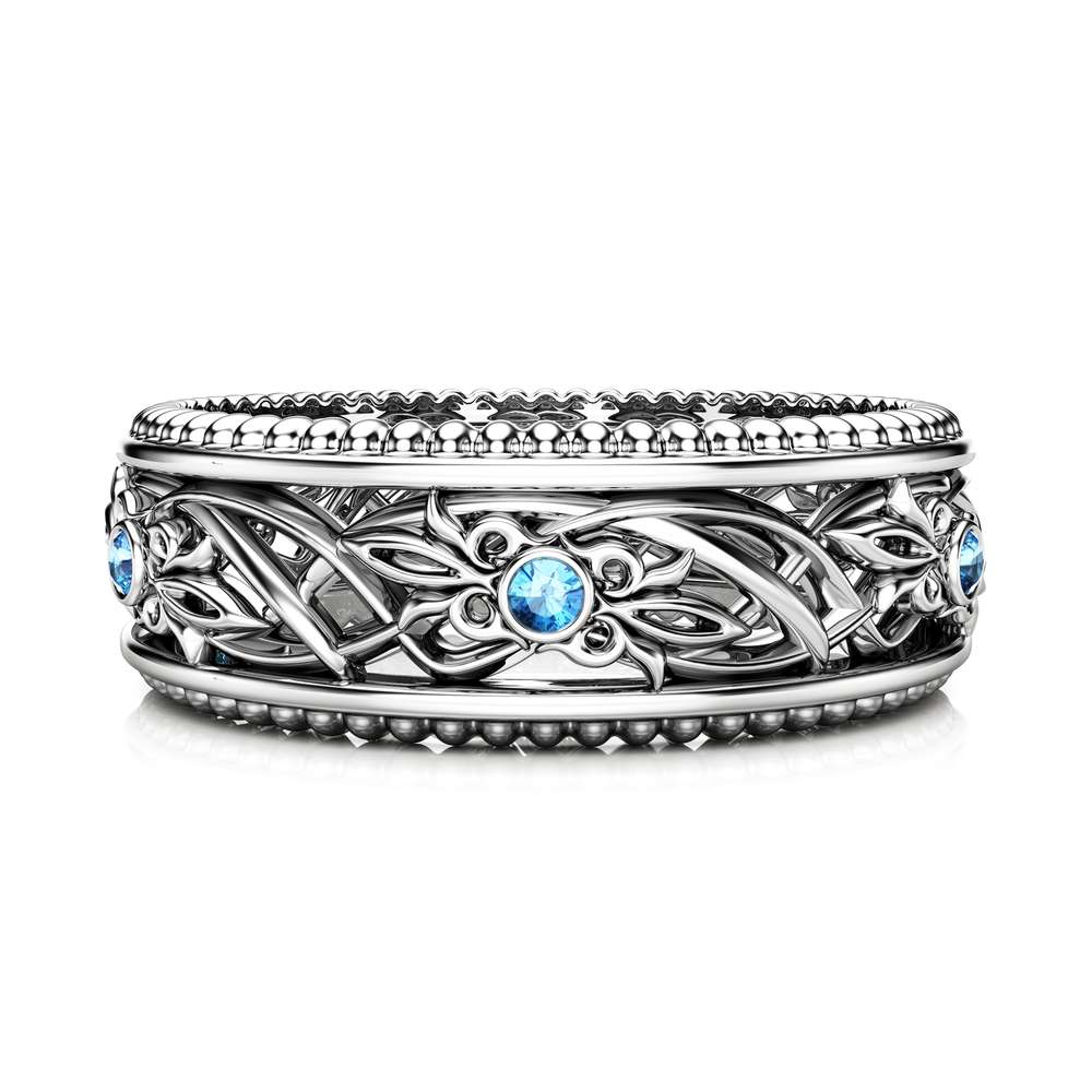 Blue Diamond Wedding Band Art Deco Wedding Band Women Wedding Ring
