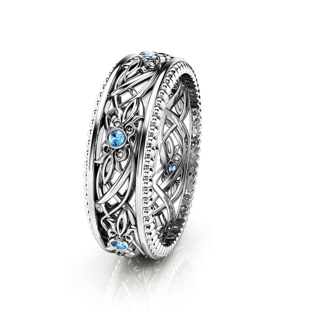 Blue Diamond Wedding Band Art Deco Wedding Band Women Wedding Ring