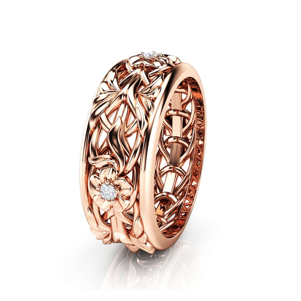 Rose Gold Wedding Band Blue Diamond Wedding Band Women Wedding Ring For Her