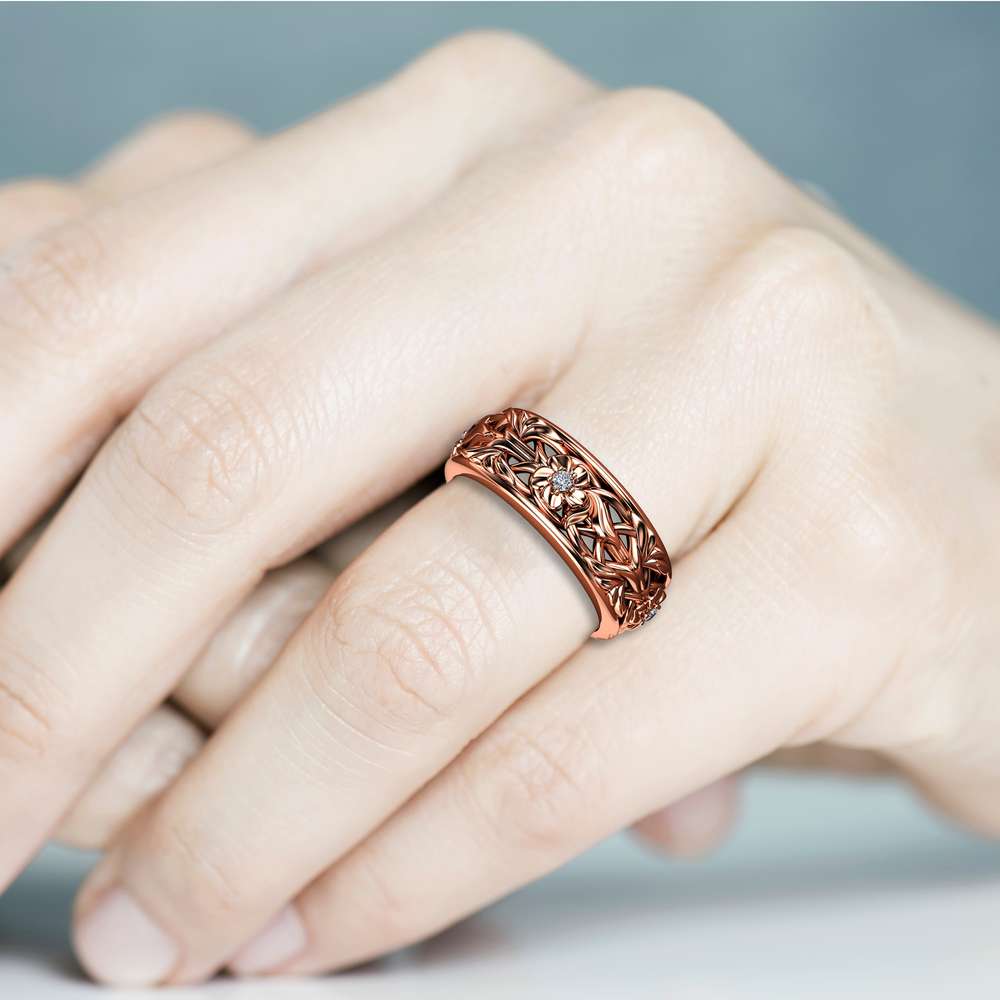 Rose Gold Wedding Band Blue Diamond Wedding Band Women Wedding Ring For Her