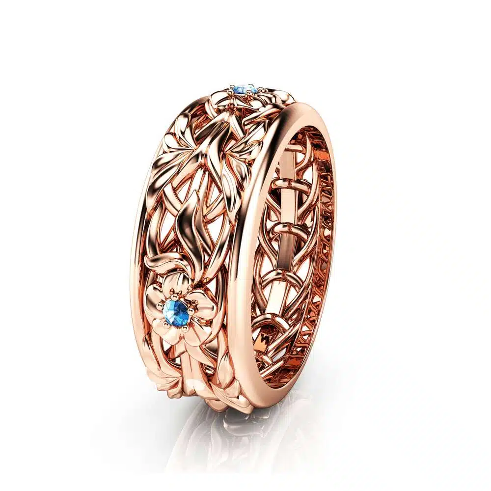 Rose Gold Wedding Band Blue Diamond Wedding Band Women Wedding Ring