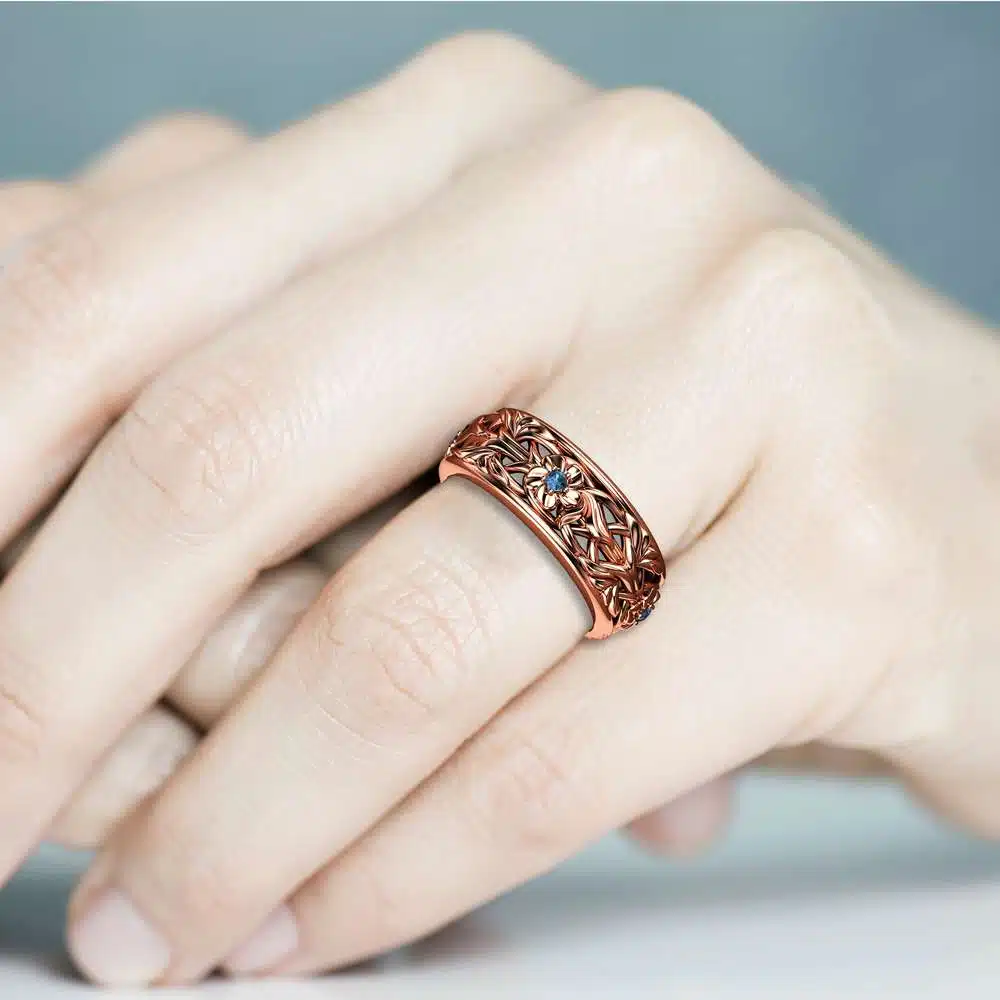 Rose Gold Wedding Band Blue Diamond Wedding Band Women Wedding Ring