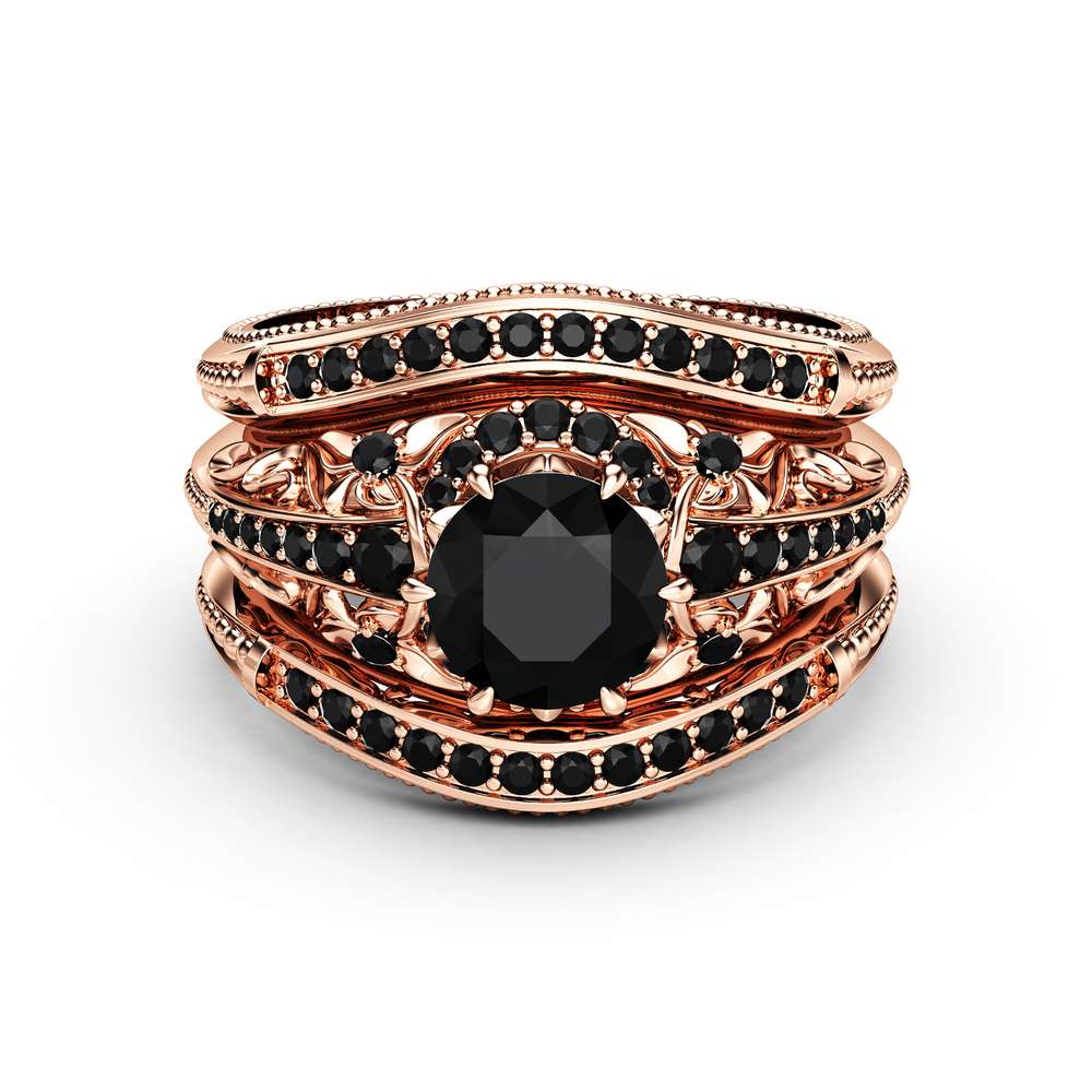 Black Diamond Engagement Ring Guard Set 14K Rose Gold Engagement Ring Natural Black Diamond Ring Set 2 Black Diamond Engagement Ring Guard Set 14K Rose Gold Engagement Ring Natural Black Diamond Ring Set