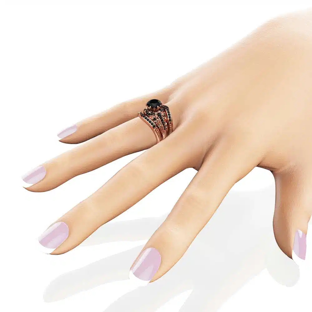 Black Diamond Engagement Ring Guard Set 14K Rose Gold Engagement Ring Natural Black Diamond Ring Set