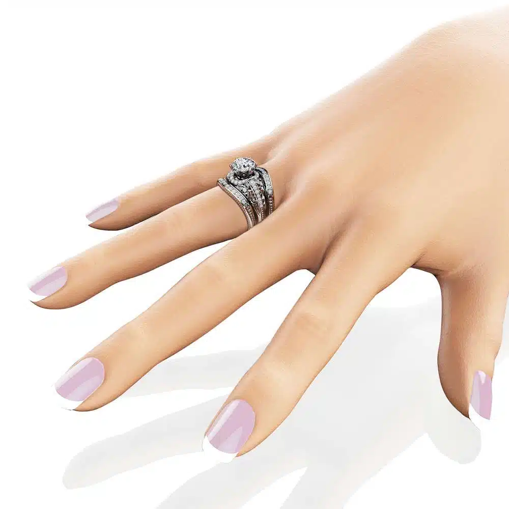 Moissanite Engagement Ring Guard Set Unique 14K White Gold Rings Natural Side Diamonds Bridal Set