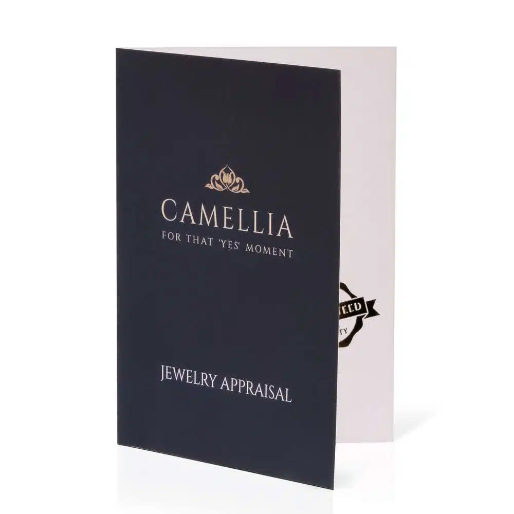 SF-0009A — Camellia jewellery appraisal Camellia jewellery appraisal folder in navy and gold, supplied with the ring