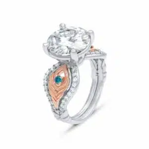 Peacock Inspired Unique Ring Moissanite Feather Gold Ring 14K Two Tone Gold Peacock Ring