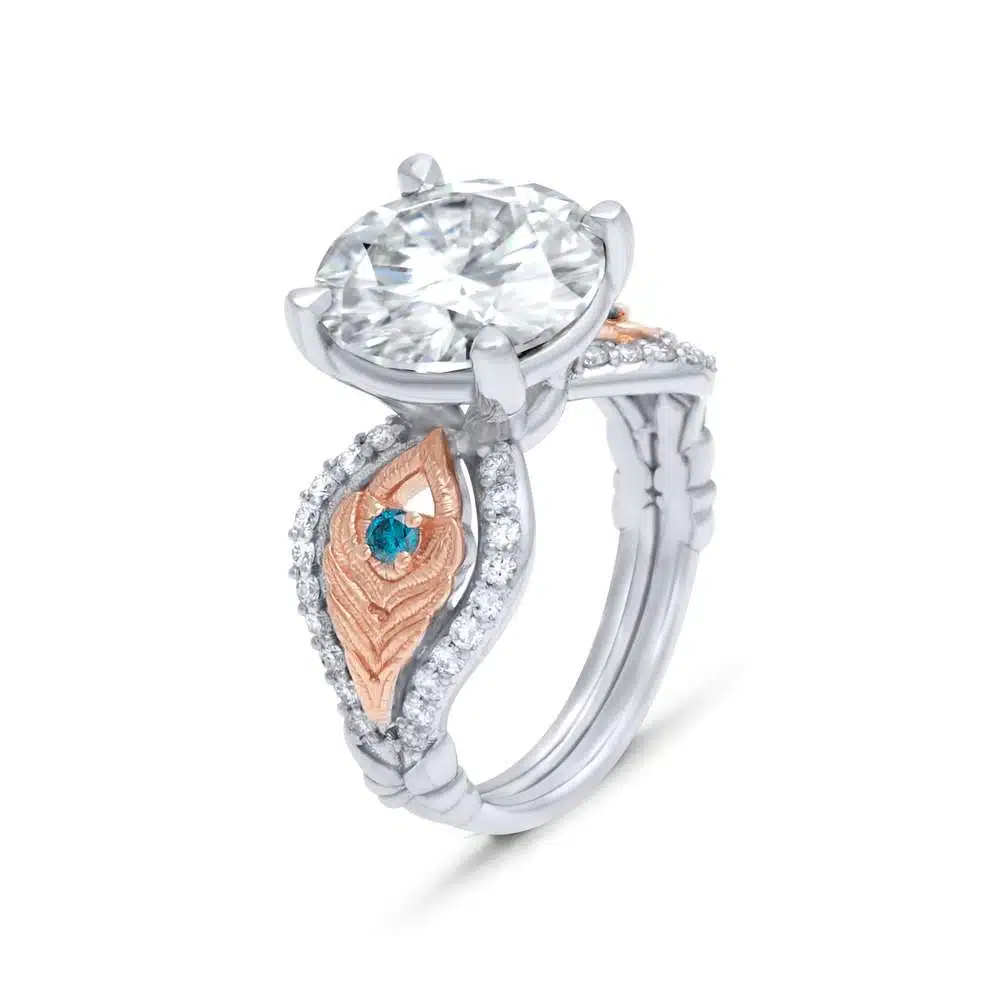 Peacock Inspired Unique Ring Moissanite Feather Gold Ring 14K Two Tone Gold Peacock Ring