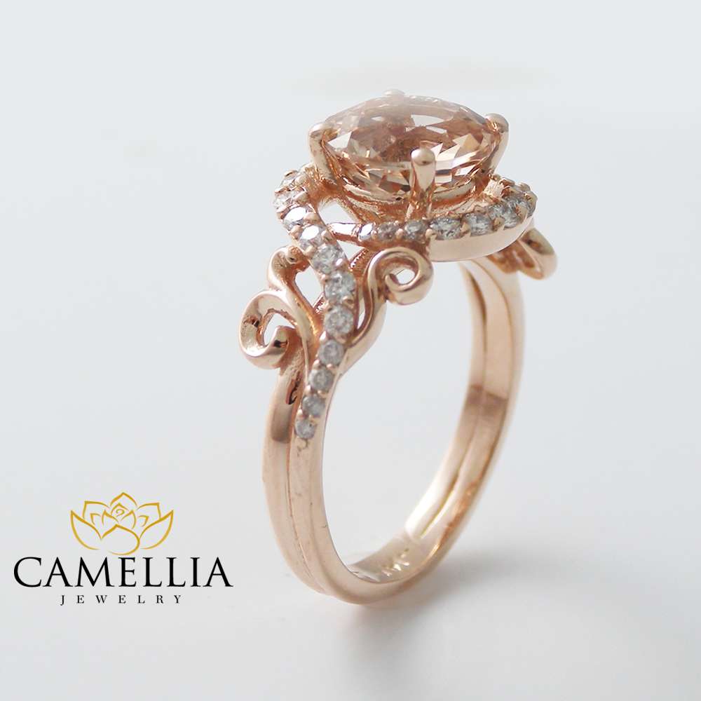 14K Rose Gold Engagement Ring Rose Gold Morganite Ring Peach Pink Morganite Engagement Ring Unique Engagement Ring