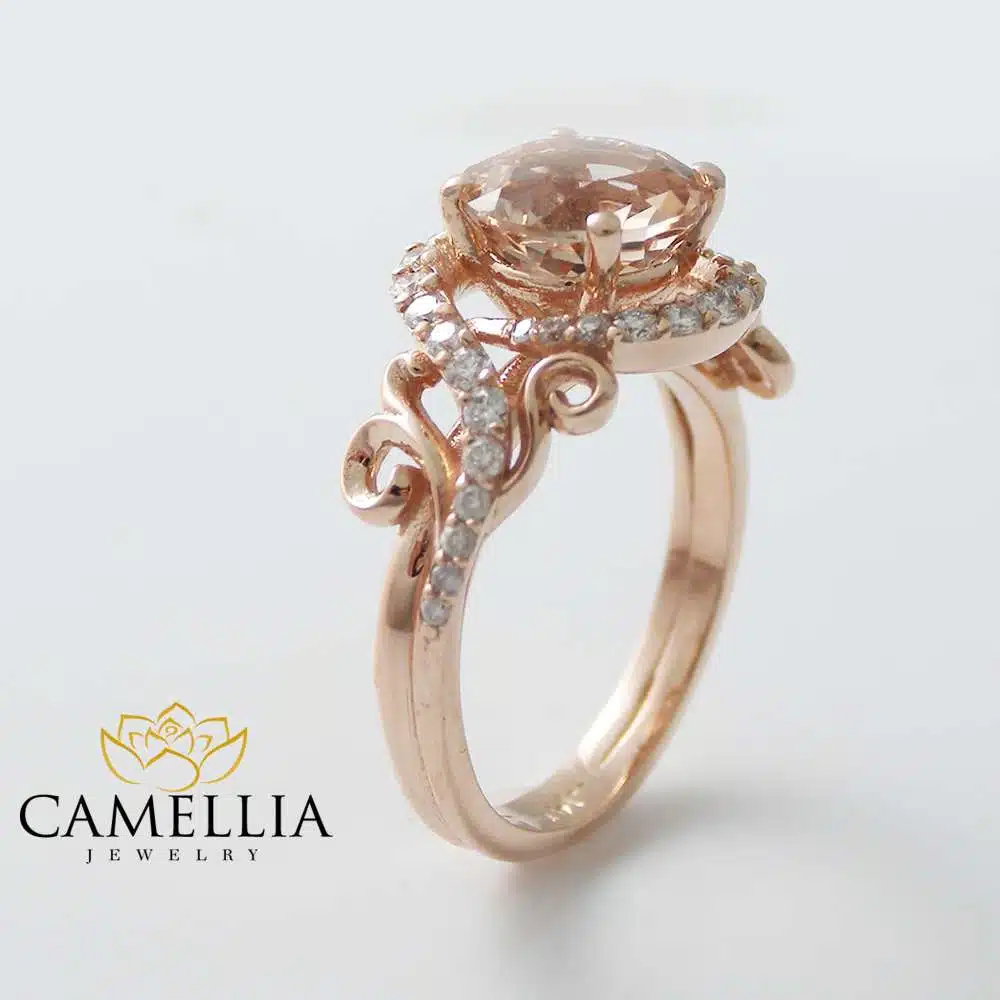 14K Rose Gold Engagement Ring Rose Gold Morganite Ring Peach Pink Morganite Engagement Ring Unique Engagement Ring