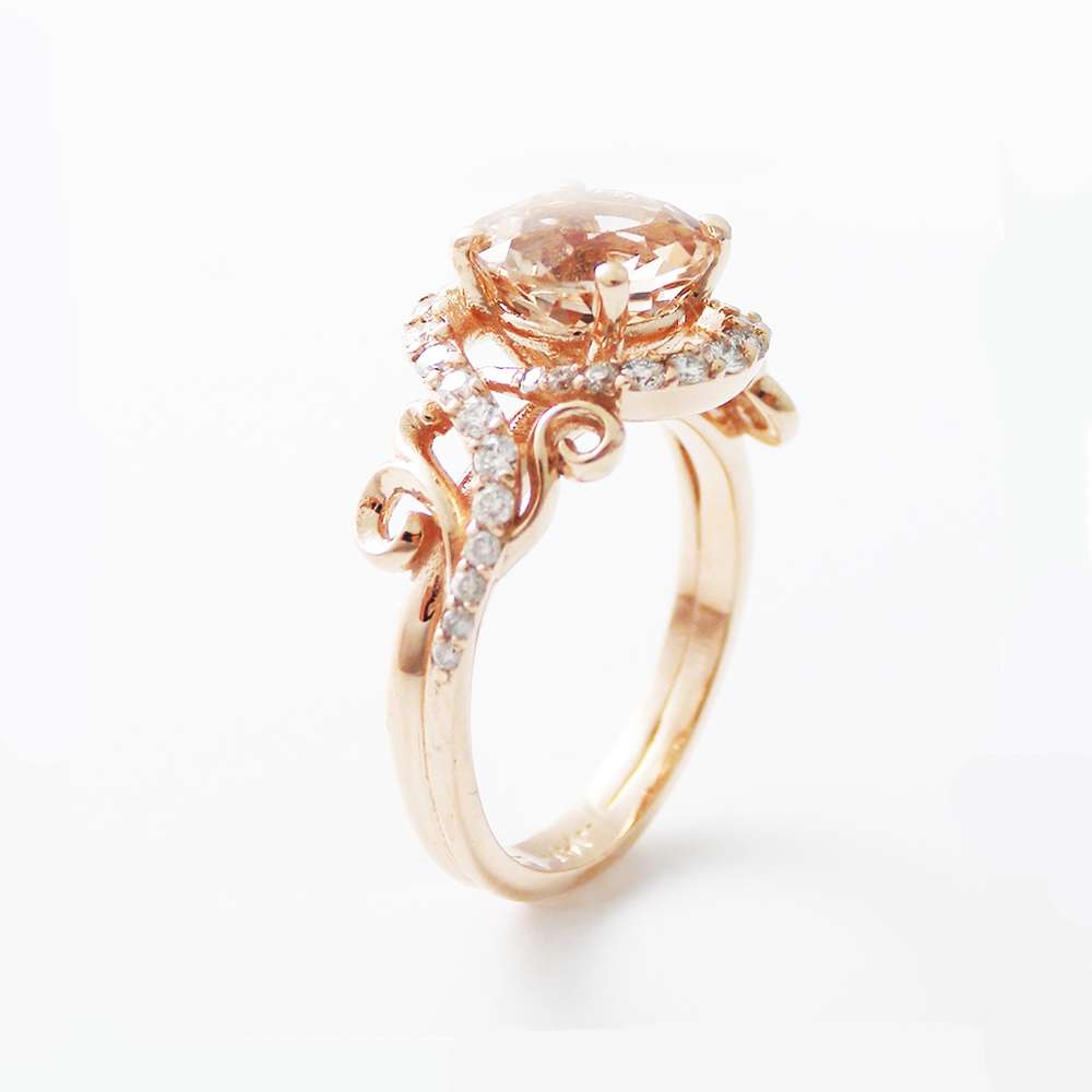 14K Rose Gold Engagement Ring Rose Gold Morganite Ring Peach Pink Morganite Engagement Ring Unique Engagement Ring