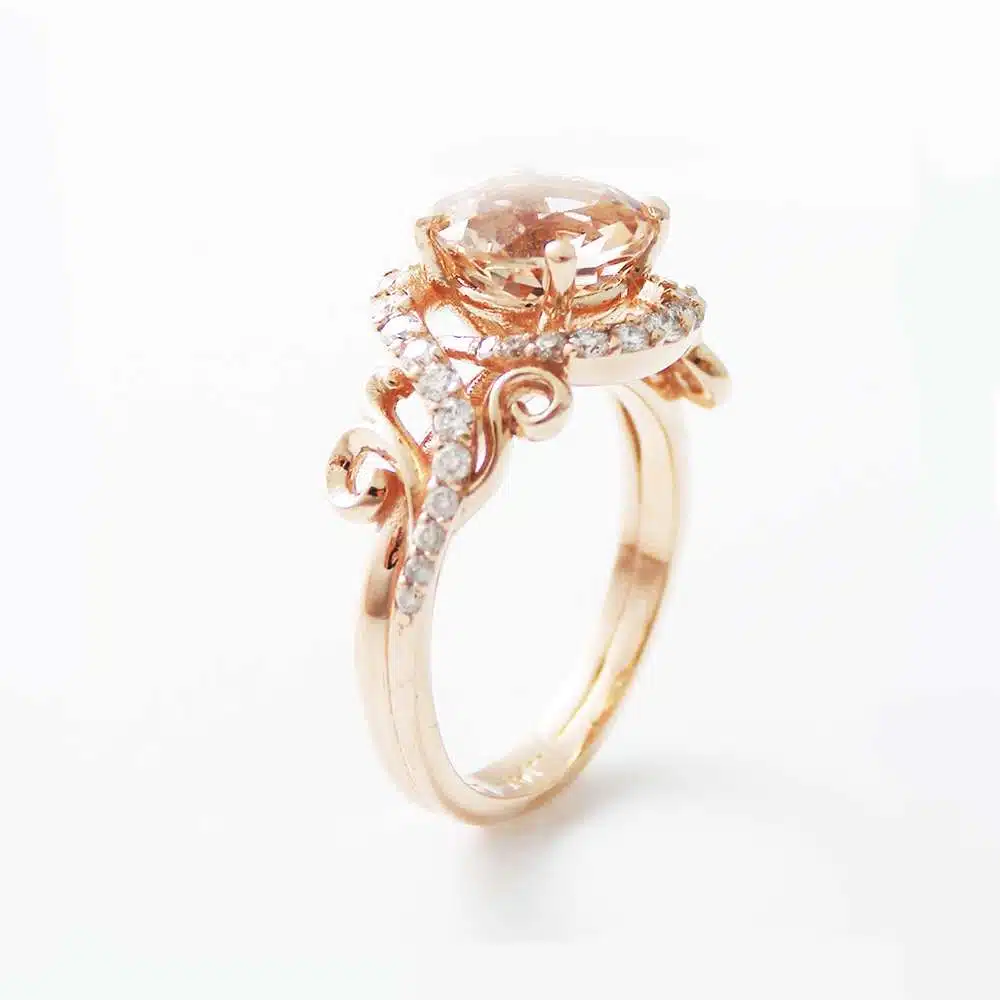 14K Rose Gold Engagement Ring Rose Gold Morganite Ring Peach Pink Morganite Engagement Ring Unique Engagement Ring