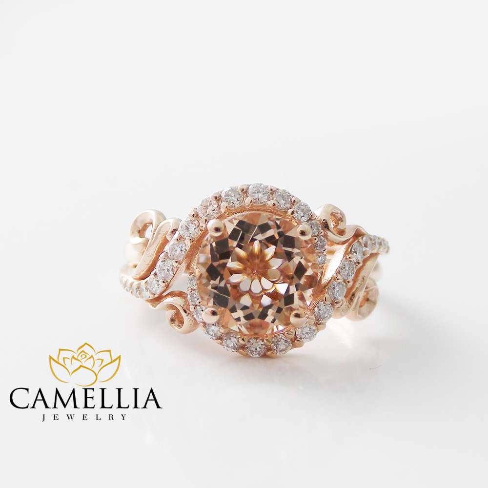 14K Rose Gold Engagement Ring Rose Gold Morganite Ring Peach Pink Morganite Engagement Ring Unique Engagement Ring