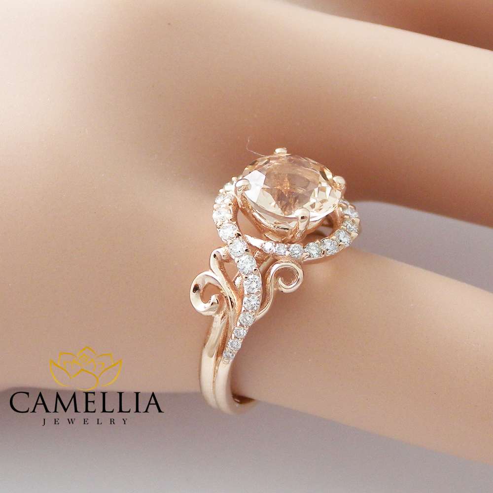 14K Rose Gold Engagement Ring Rose Gold Morganite Ring Peach Pink Morganite Engagement Ring Unique Engagement Ring