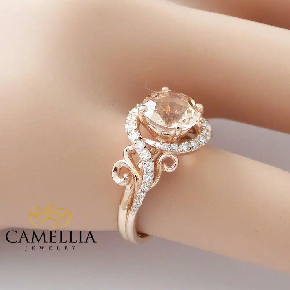 14K Rose Gold Engagement Ring Rose Gold Morganite Ring Peach Pink Morganite Engagement Ring Unique Engagement Ring