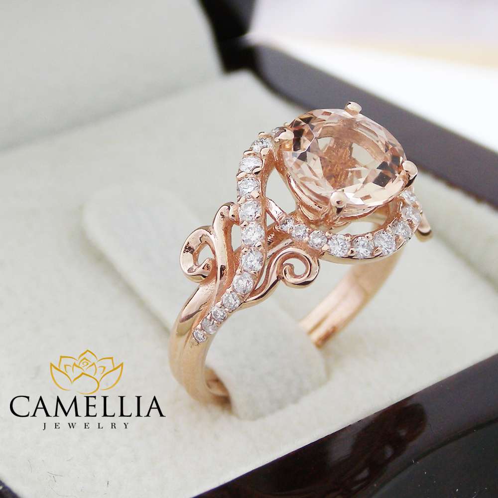 14K Rose Gold Engagement Ring Rose Gold Morganite Ring Peach Pink Morganite Engagement Ring Unique Engagement Ring