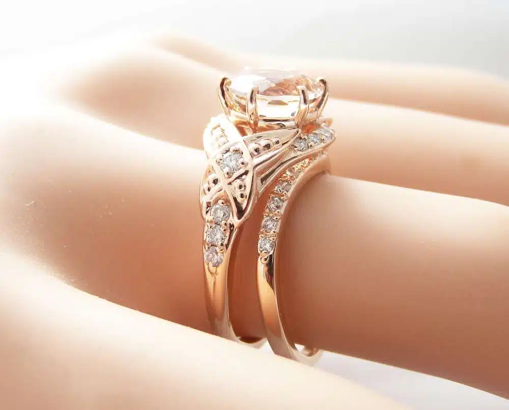 Floral Morganite Engagement Ring Diamond Wedding Band Bridal Set in 14k Rose Gold Custom Engagement Ring 3 Floral Morganite Engagement Ring Diamond Wedding Band Bridal Set in 14k Rose Gold Custom Engagement Ring