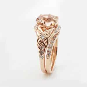 Floral Morganite Engagement Ring Diamond Wedding Band Bridal Set in 14k Rose Gold Custom Engagement Ring