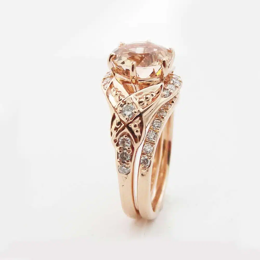Floral Morganite Engagement Ring Diamond Wedding Band Bridal Set in 14k Rose Gold Custom Engagement Ring