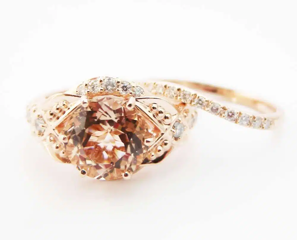 Floral Morganite Engagement Ring Diamond Wedding Band Bridal Set in 14k Rose Gold Custom Engagement Ring 2 Floral Morganite Engagement Ring Diamond Wedding Band Bridal Set in 14k Rose Gold Custom Engagement Ring
