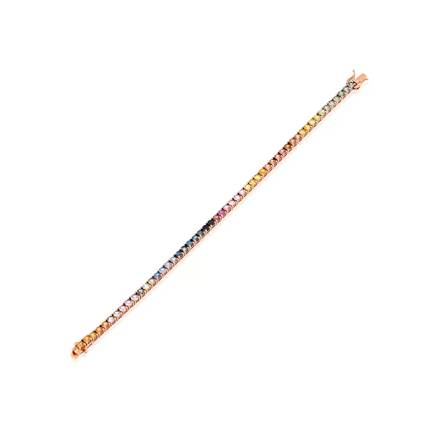 HS-0010A 14K Gold Rainbow Tennis Bracelet – Vibrant & Elegant Jewelry 14K Rose gold rainbow tennis bracelet with multicolored gemstones in a sleek, elegant design.