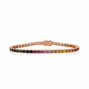 14K rose gold rainbow tennis bracelet with vibrant multicolored gemstones in a sophisticated design.