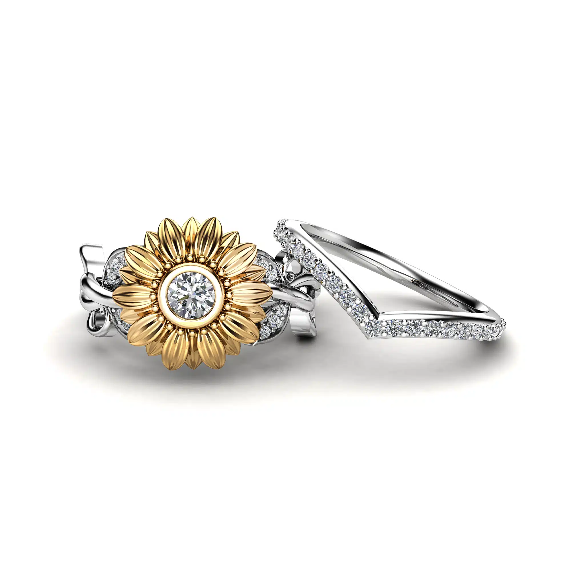 Set diamond ring two tone gold flower (1)