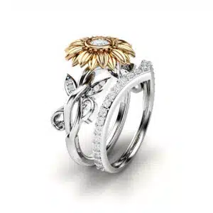 Set 14K Two Tone Gold Diamond Sunflower Engagement Ring with Beautiful Diamond Matching Band